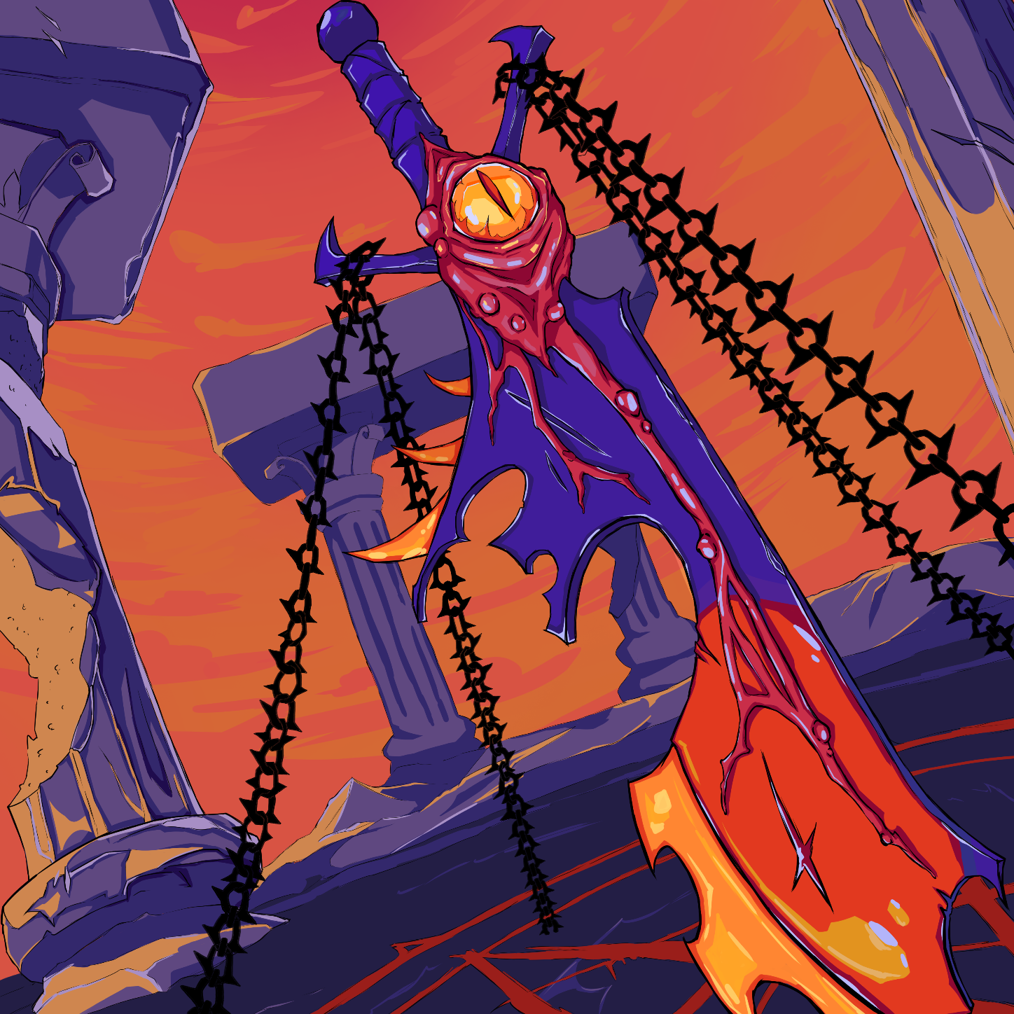 Scapegoat key art: a chained, blood-powered sword among ruined pillars