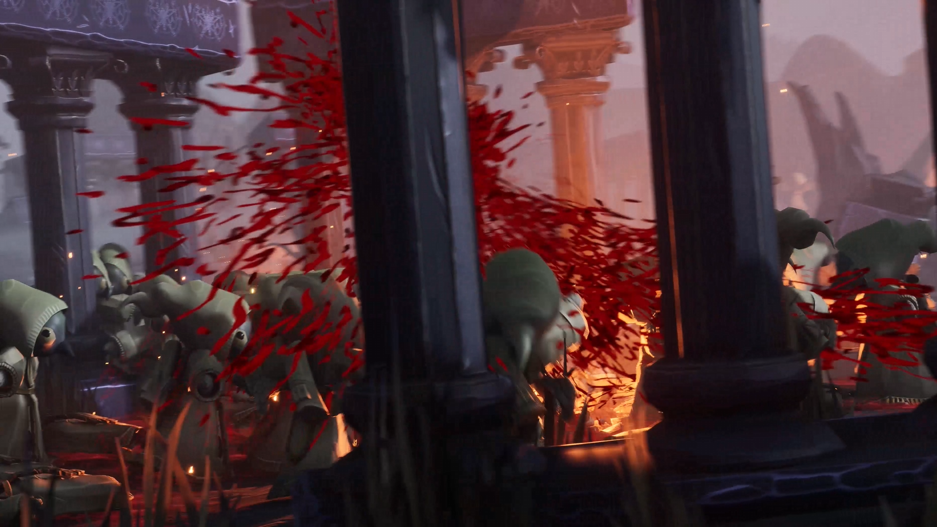 Scapegoat: a blood-soaked sword swing cutting through a crowd of hooded enemies
