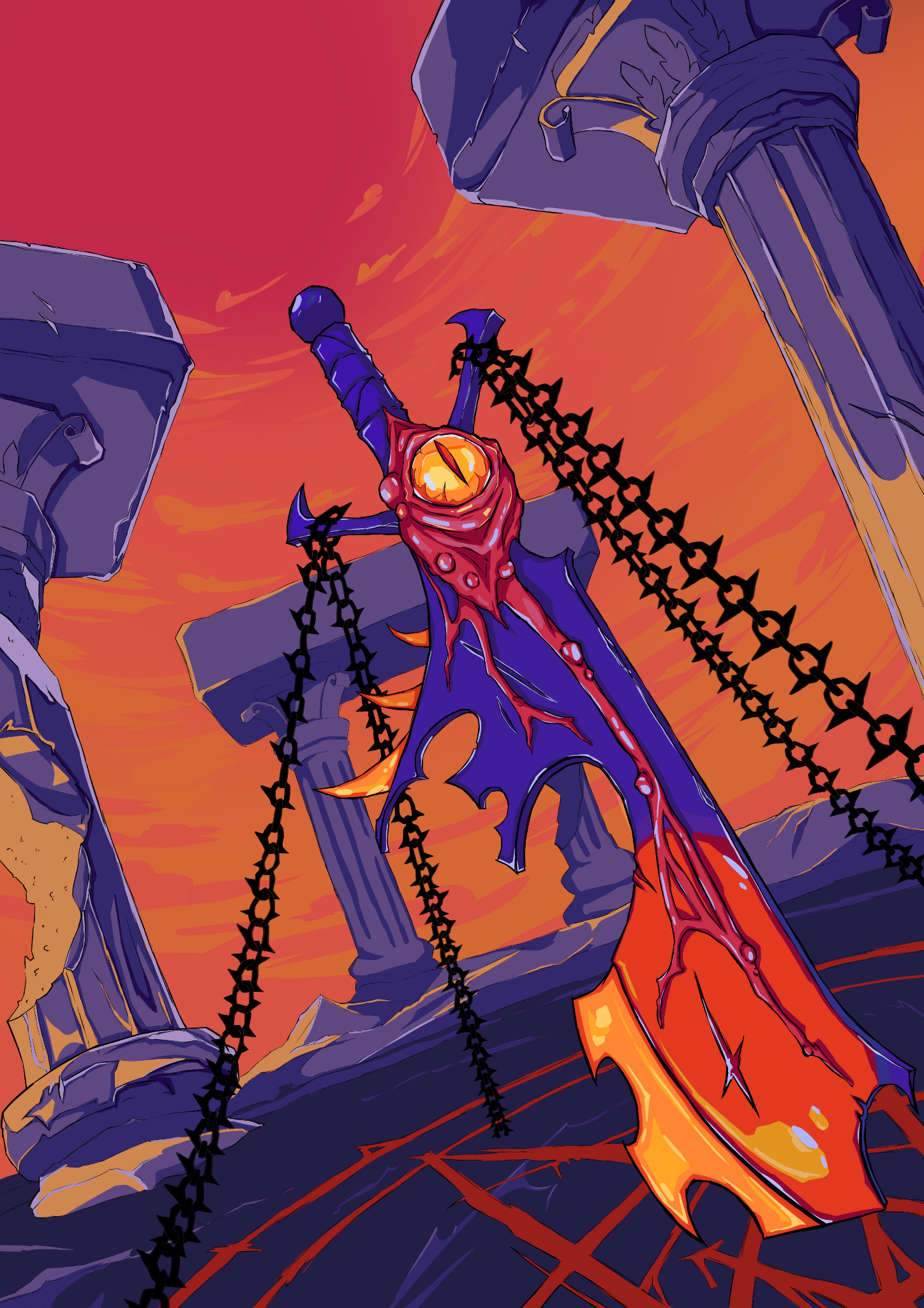 Scapegoat key art: a chained sword with a living eye, standing among ruined pillars under a red sky