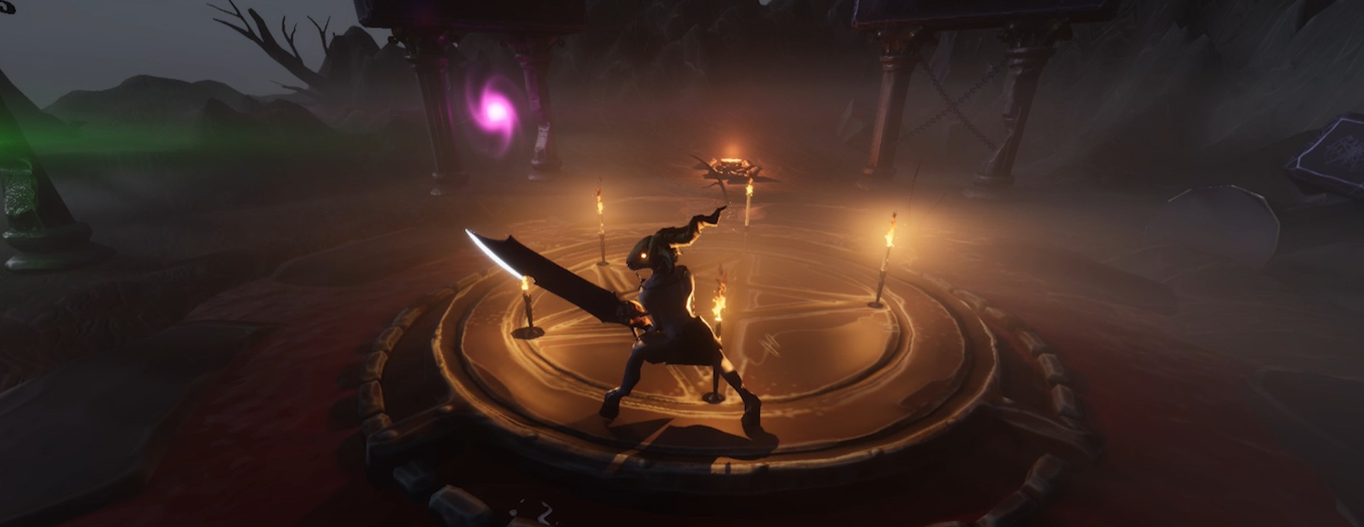 Wide view of the Scapegoat hub world with portals and a pentagram