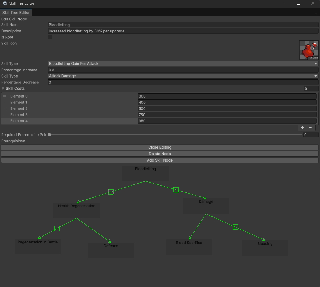 Custom Unity editor window showing connected skill nodes