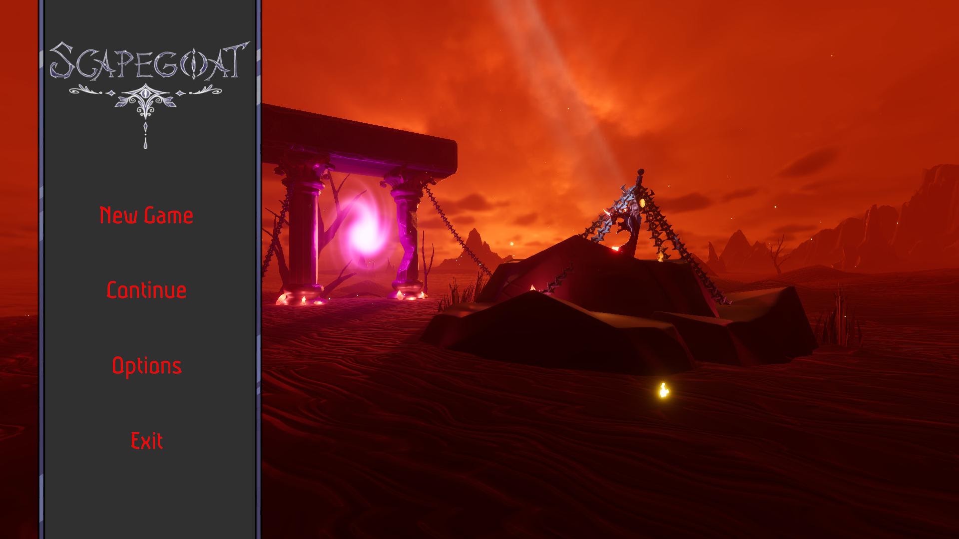 Scapegoat start menu with an option to continue from a save