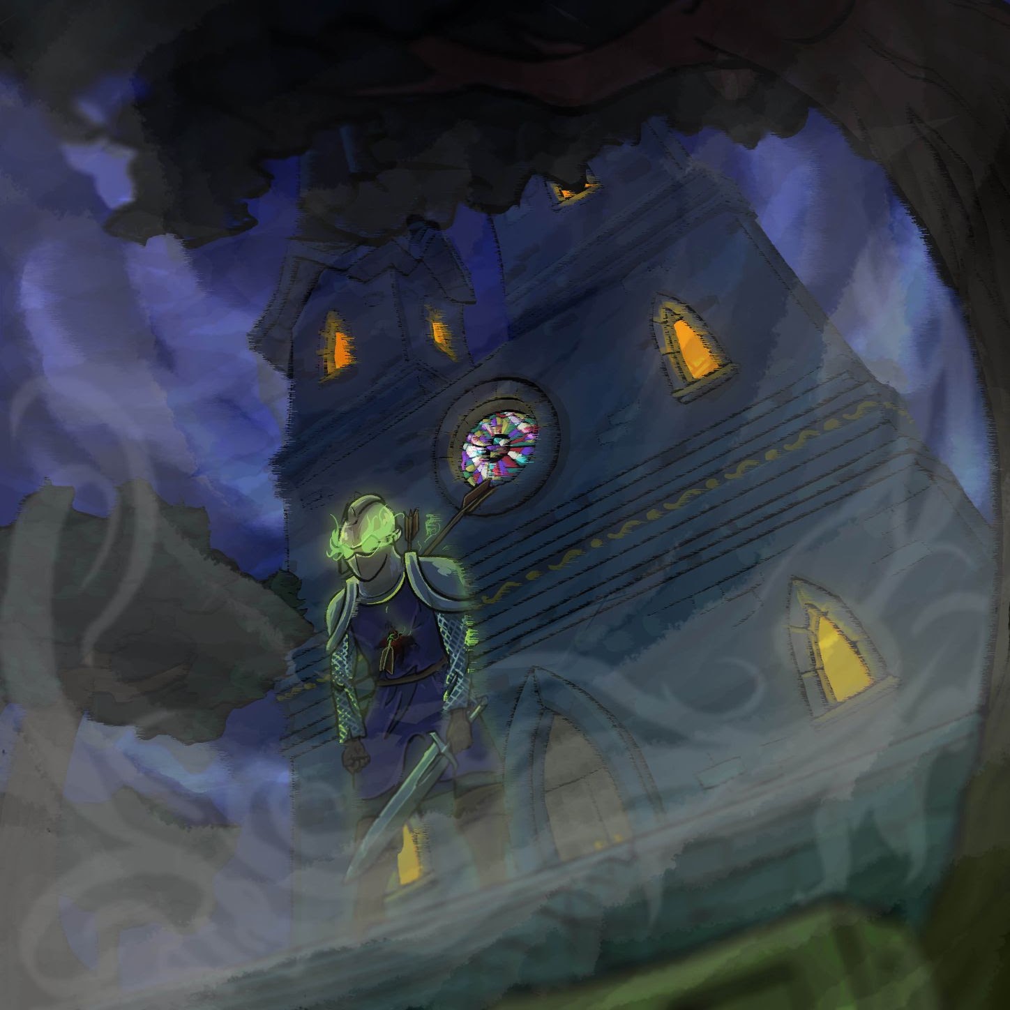 Thrall key art: a possessed knight glowing green in front of a church at night