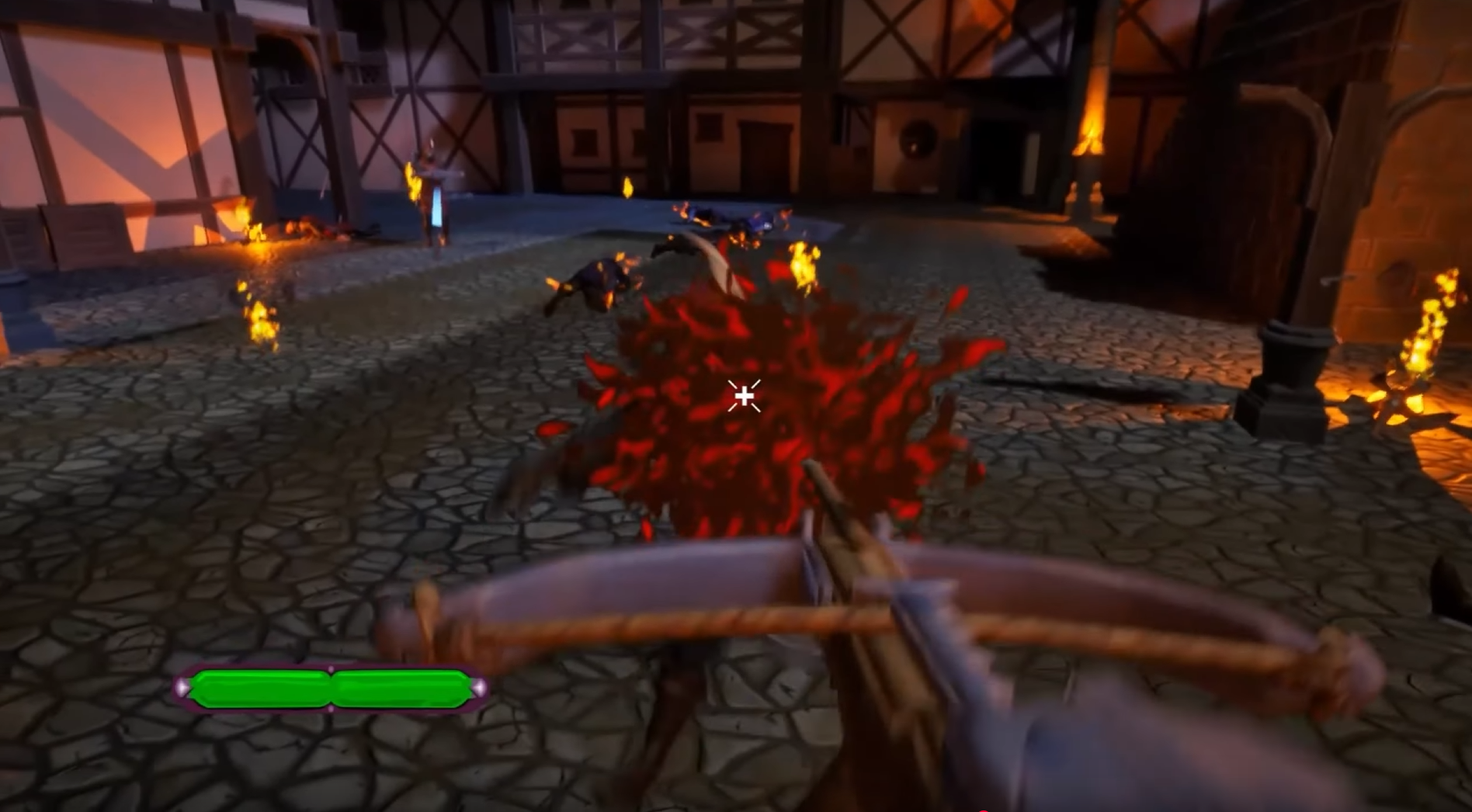 Thrall gameplay: a crossbow bolt bursting an enemy in a burning medieval town square