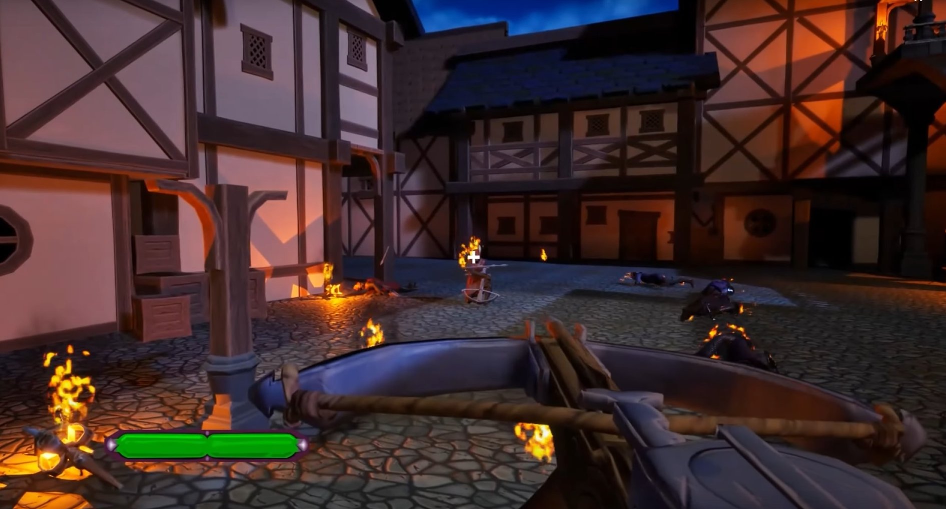 First-person view of a crossbow aiming at an archer who is reloading