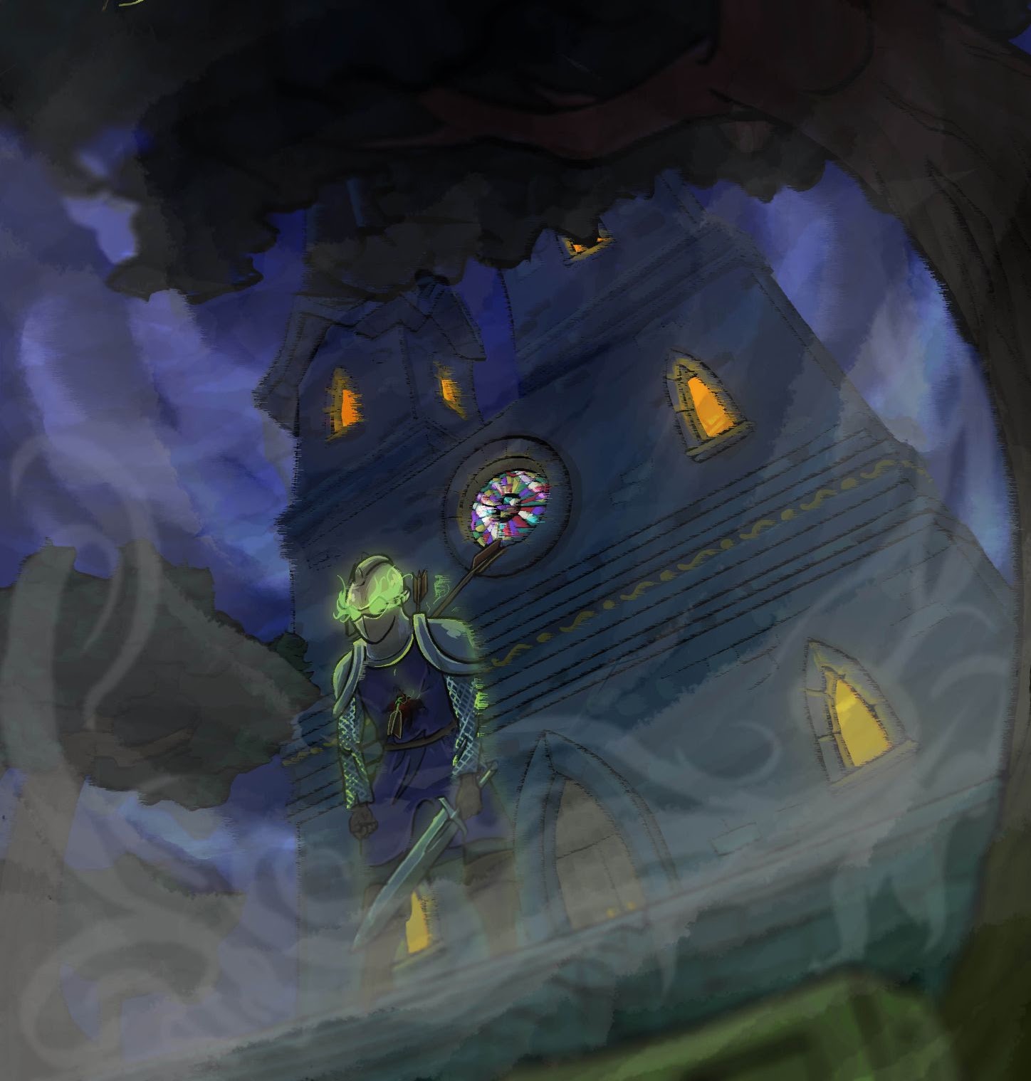 Thrall key art: a possessed knight glowing green in front of a church at night