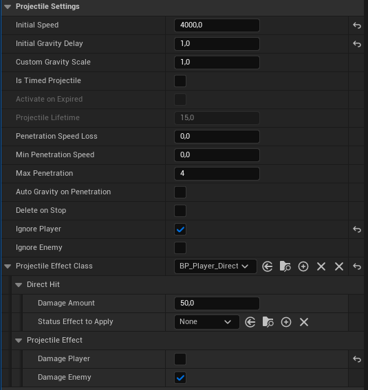 Unreal Details panel listing the projectile's exposed settings