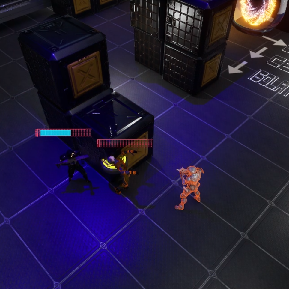 Top-down view of Time to Breach combat in a neon-lit sci-fi arena