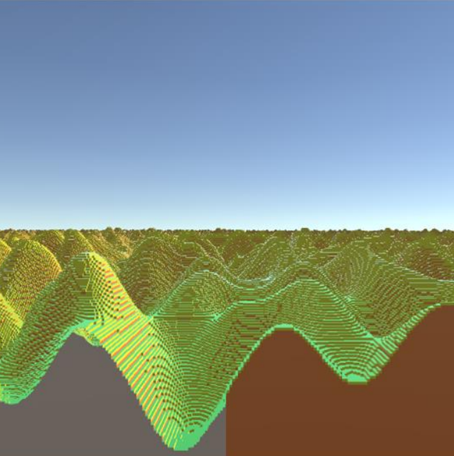 Voxel terrain generated from Perlin noise, with rolling green hills