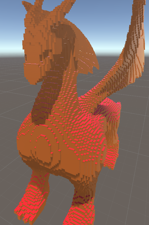 A voxelized dragon model rendered in chunks