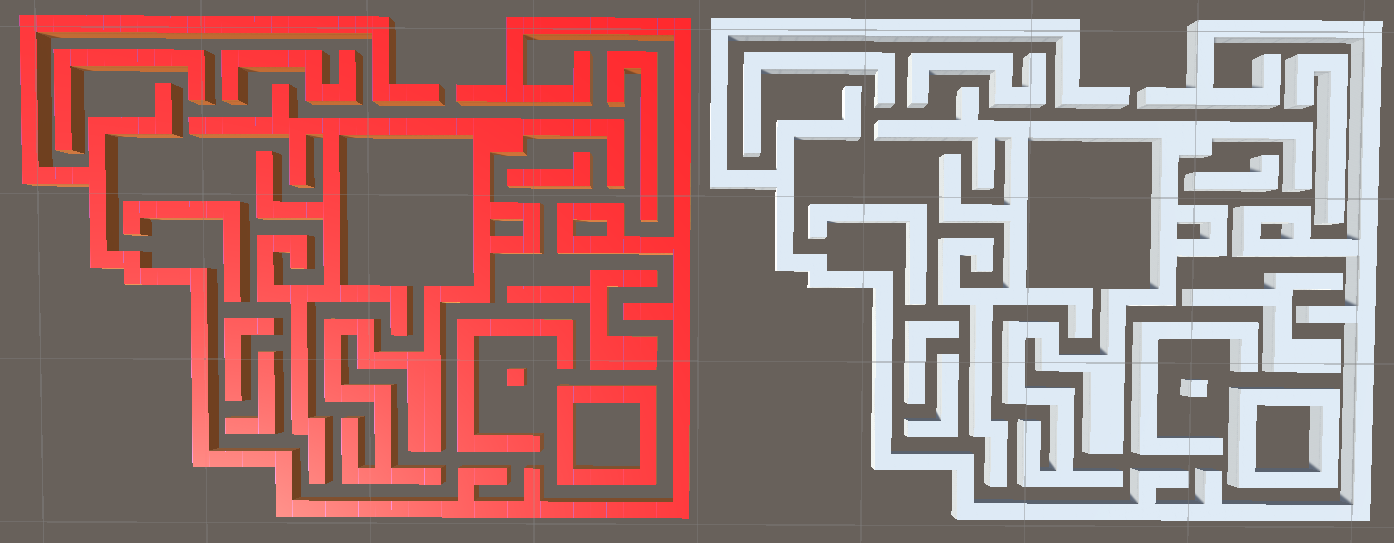 Hand-placed labyrinth cubes next to the converted voxel labyrinth