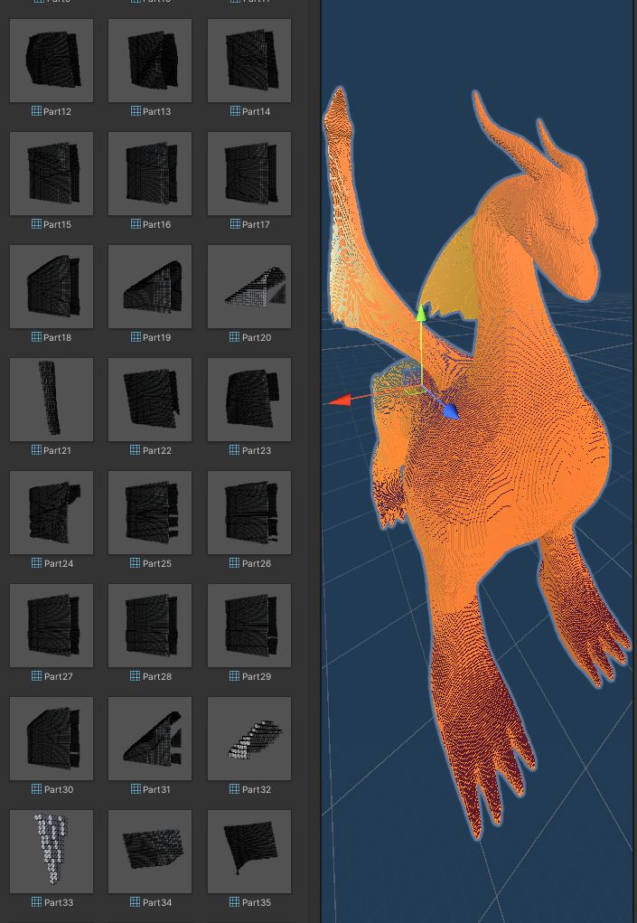 A saved voxel prefab and some of its mesh fragments in the Unity project window